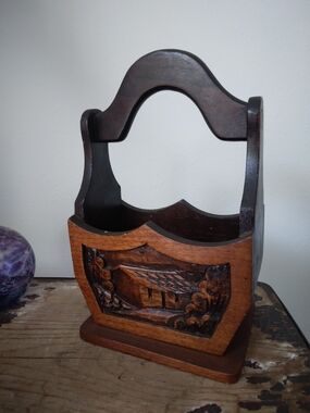 Vintage Hand-Carved Honduras Folk Art Wooden Basket in Dark Brown